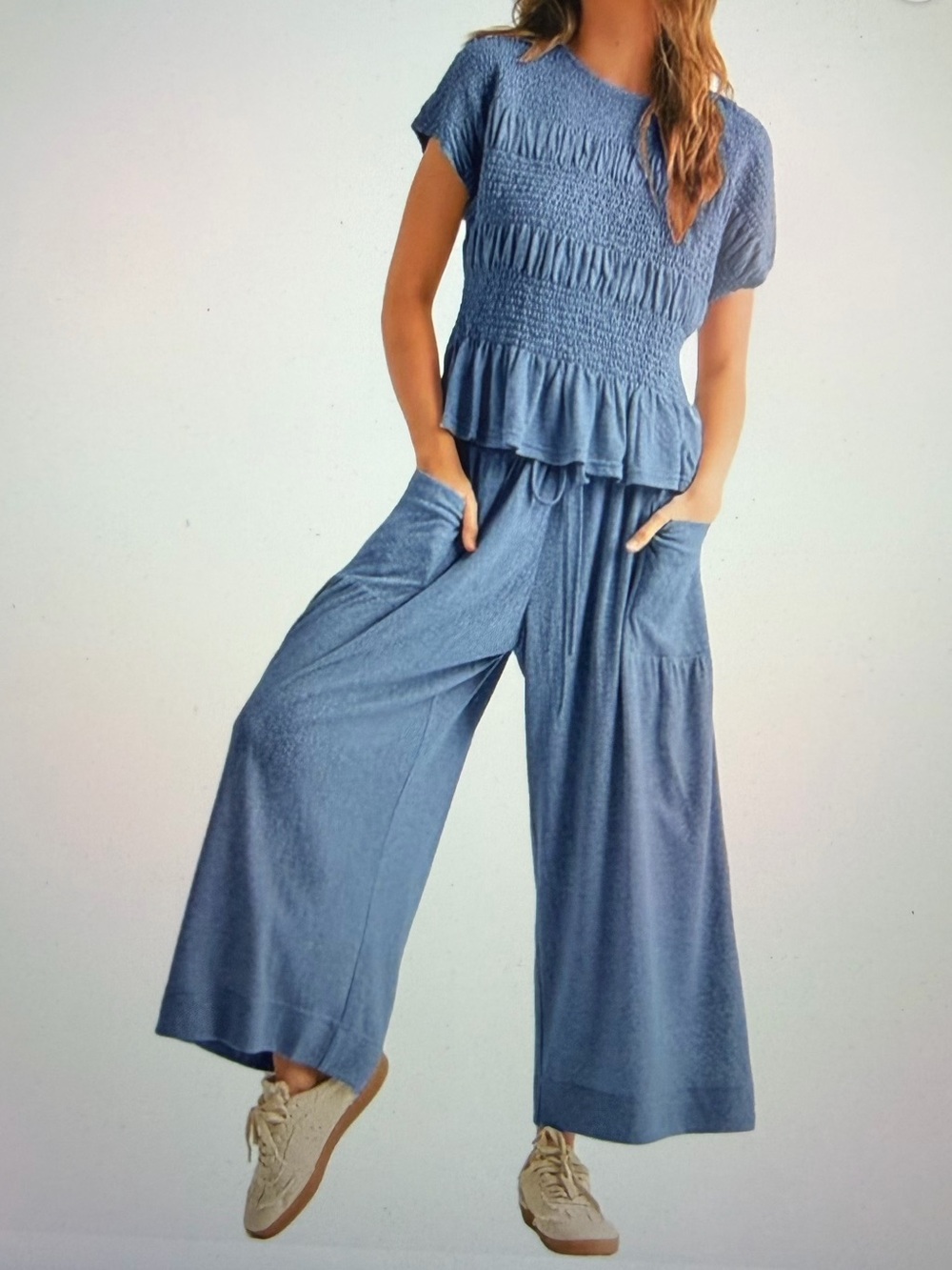 Boho Matching Set - Smocked Top & Wide-Leg Pants with Pockets- NWT- M